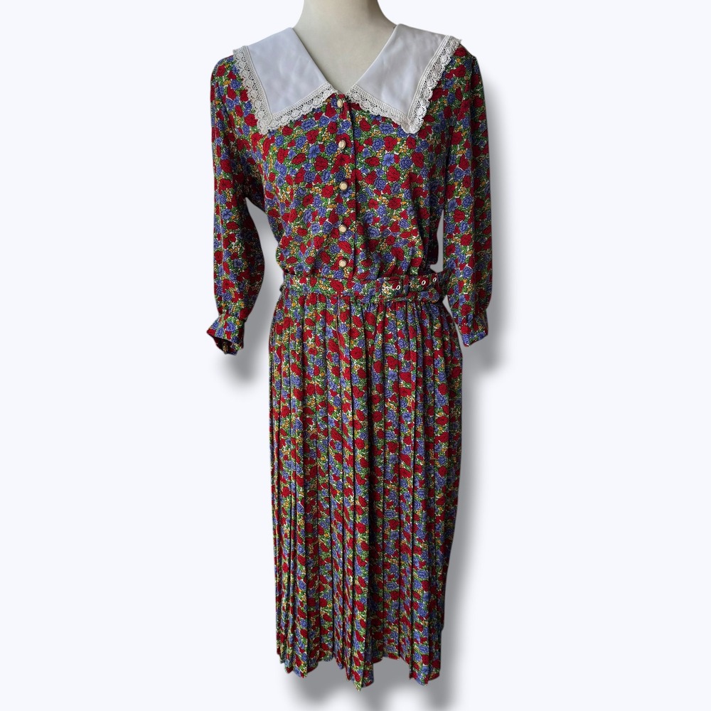 Vintage 80s Floral Prairie Cottagecore Long Sleeve Button Dress Belted Size 10